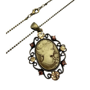 Vintage Style Cameo Necklace Bronze Filigree Pendant Brown Crystal Victorian NEW